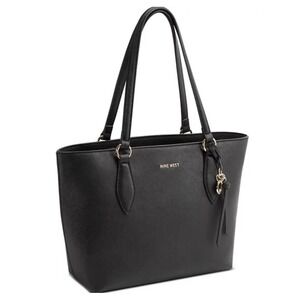 NINE WEST Paisley Faux Leather Tote Purse Bag Black 3 Sections